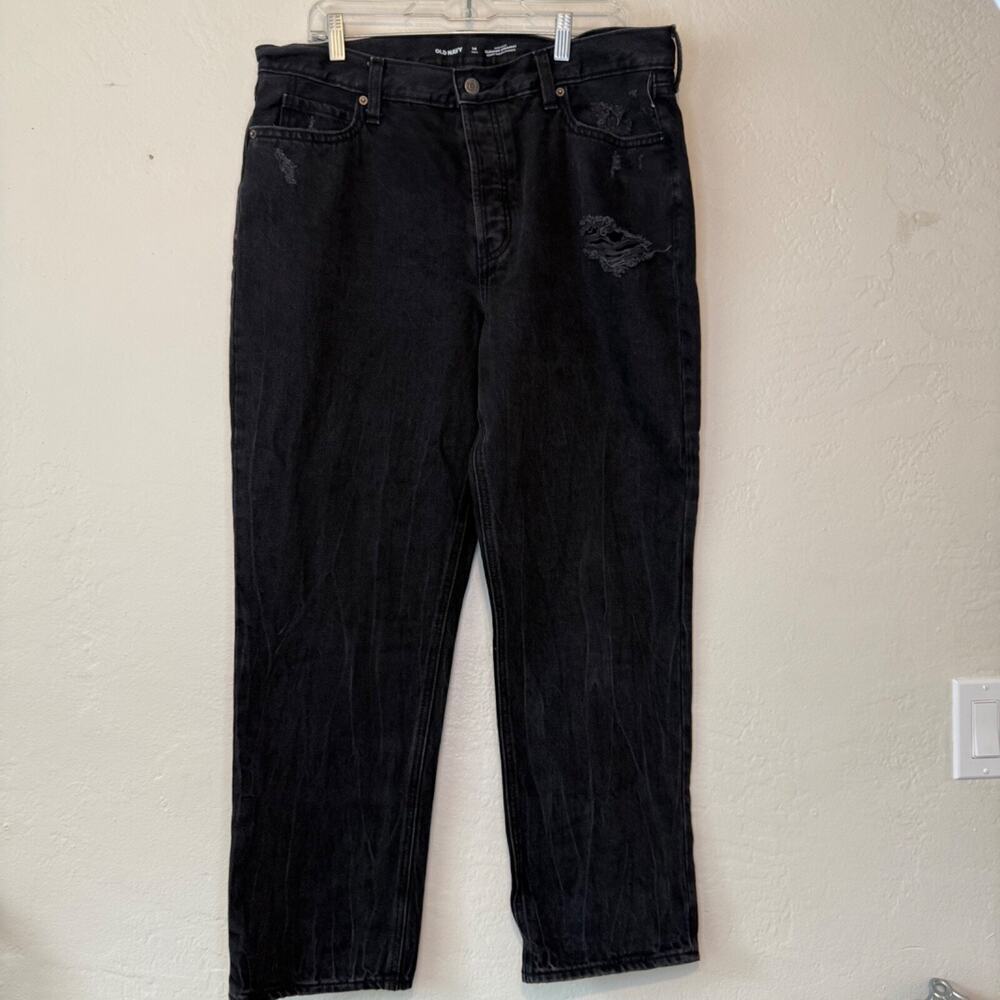 OLD NAVY DISTRESS HIGH RISE SLOUCHY CURVY STRAIGHT BLACK JEANS 14T Black - Picture 1 of 10